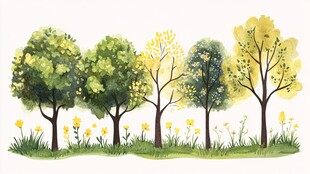 春日绿树繁花风景图