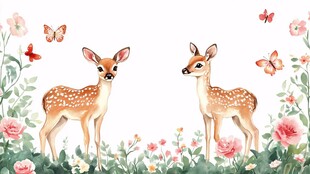 小鹿与花卉的梦幻场景