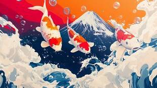 锦鲤跃浪伴富士山美景