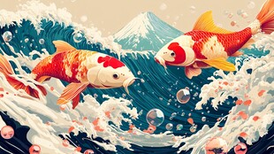 锦鲤跃浪伴富士山美景