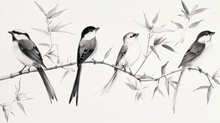 枝头四鸟 水墨灵动之景