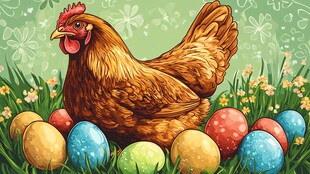 母鸡与彩蛋的春日画面