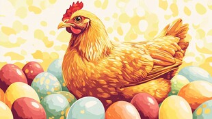 母鸡卧于彩蛋之中