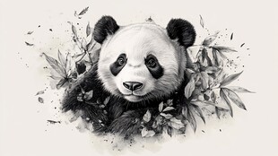 黑白熊猫与竹叶的艺术画