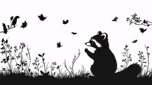 浣熊赏蝶于花草间