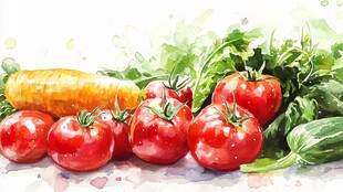 水彩绘就的新鲜蔬菜组合