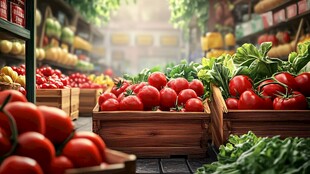 新鲜蔬果陈列在超市货架