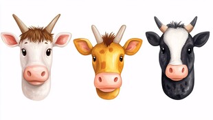 三头可爱奶牛头像插画