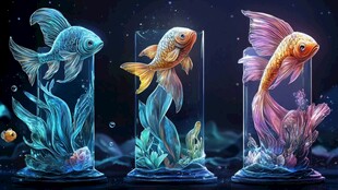 梦幻玻璃鱼缸中的绚丽金鱼