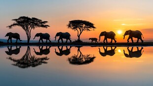 夕阳下大象群的草原漫步