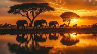 夕阳下大象漫步的非洲风光