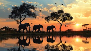 夕阳下大象漫步非洲草原