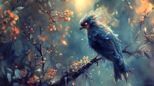 神秘蓝羽鸟栖于幻彩枝头