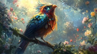 梦幻彩羽鸟栖于繁花间