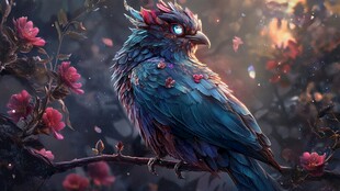 梦幻蓝羽鸟栖于繁花枝头