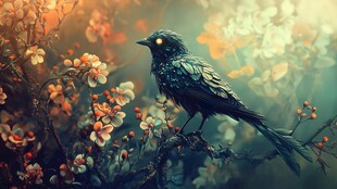梦幻黑羽鸟栖繁花枝头