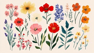 手绘多彩花卉植物集合