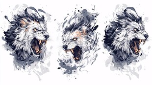 水墨风格咆哮的三头狼