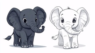 可爱小象黑白两版插画