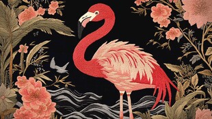 火烈鸟漫步繁花丛林间