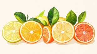 水彩风缤纷柑橘类水果集合