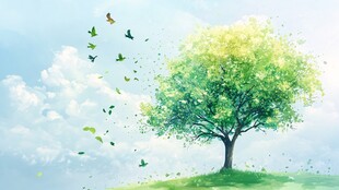 春日绿树飞鸟梦幻景象