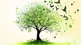 春日绿树飞鸟水彩画景