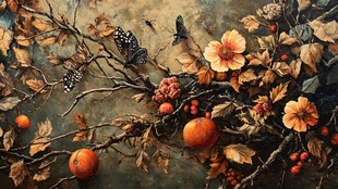 秋日枝头的多彩静物景象