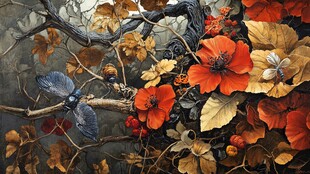 秋日花卉与蜻蜓的梦幻景致