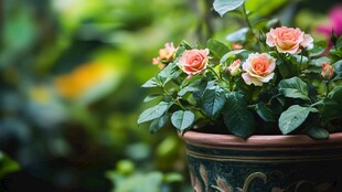 盆栽粉玫瑰 绿意盎然