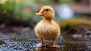 可爱小黄鸭站立在湿地上