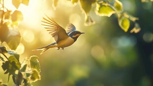阳光中飞鸟于枝叶间翱翔