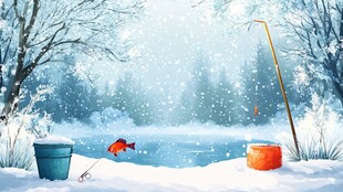 雪地湖畔的趣味垂钓场景