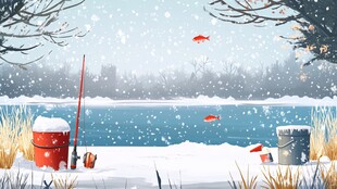 冬日湖畔钓鱼场景