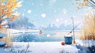 冬日湖畔垂钓雪景图