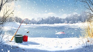 冬日湖畔钓鱼场景