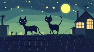 月夜屋顶上的两只黑猫