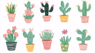 可爱手绘风仙人掌盆栽集合