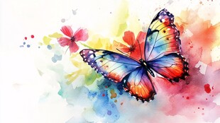 水彩绘彩蝶与繁花