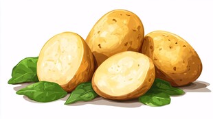 新鲜土豆与绿叶插画
