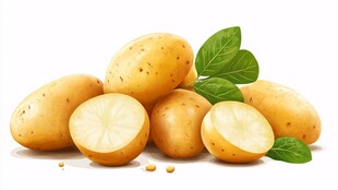 新鲜土豆堆叠带绿叶展示