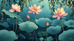 梦幻荷塘中的粉色荷花绽放