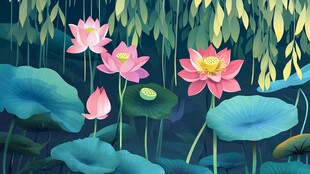 荷塘夜色中的粉嫩荷花绽放