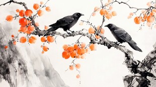 双鸟栖于硕果累累枝头