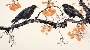 双鹊栖枝柿满树