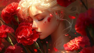 少女沉醉于红康乃馨中