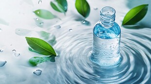 清新水瓶与绿叶水滴意境图