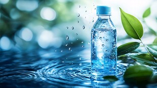 清新瓶装水与绿叶水滴景