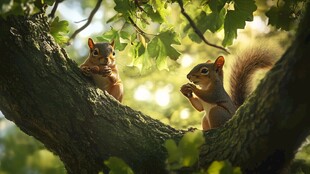 树枝上的两只可爱松鼠