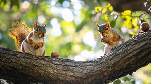 树枝上的松鼠与坚果